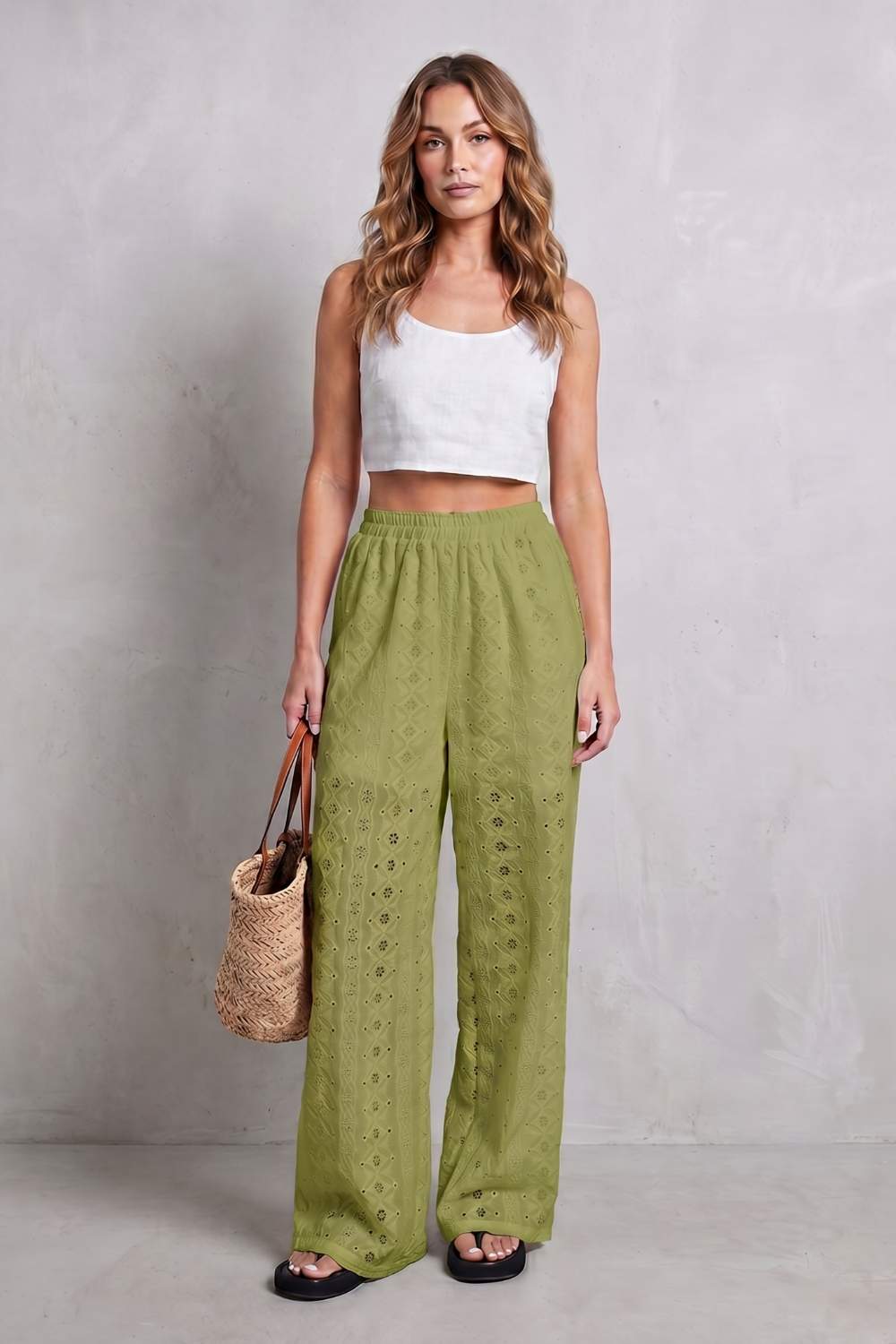 Women's Eyelet Wide Leg Pants in White - Orlandine