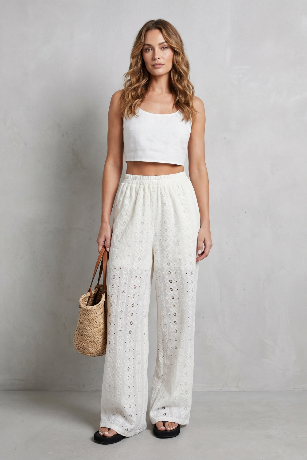 Women's Eyelet Wide Leg Pants in White - Orlandine