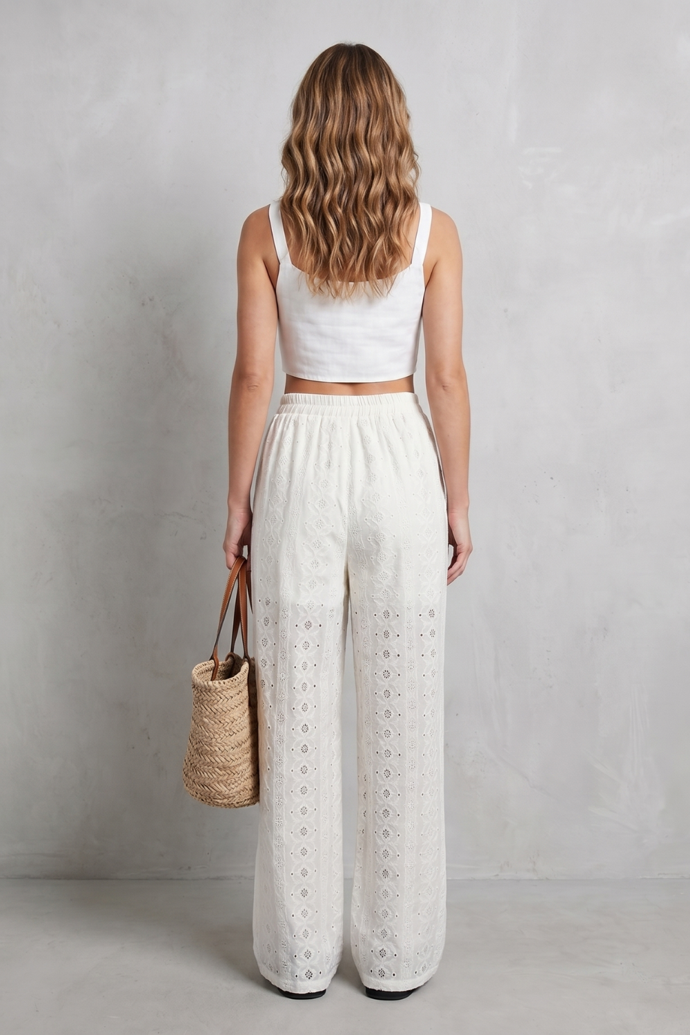 Women's Eyelet Wide Leg Pants in White - Orlandine