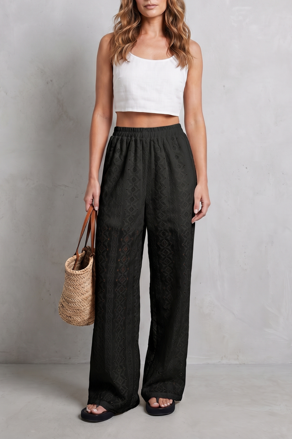 Women's Eyelet Wide Leg Pants in White - Orlandine