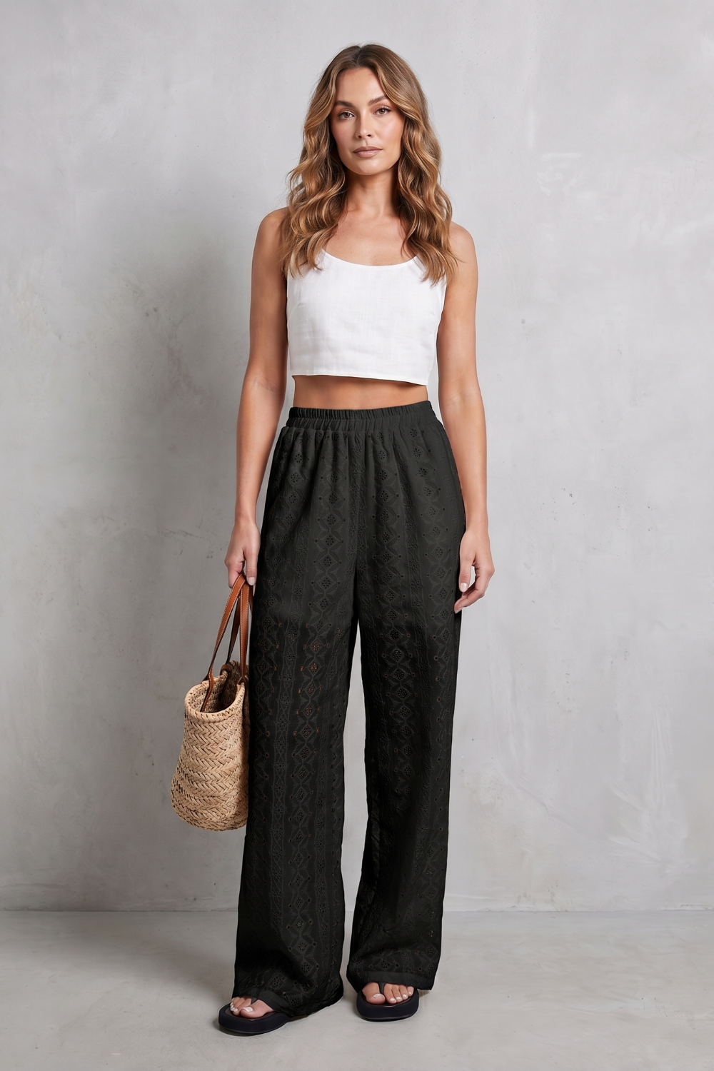 Women's Eyelet Wide Leg Pants in White - Orlandine