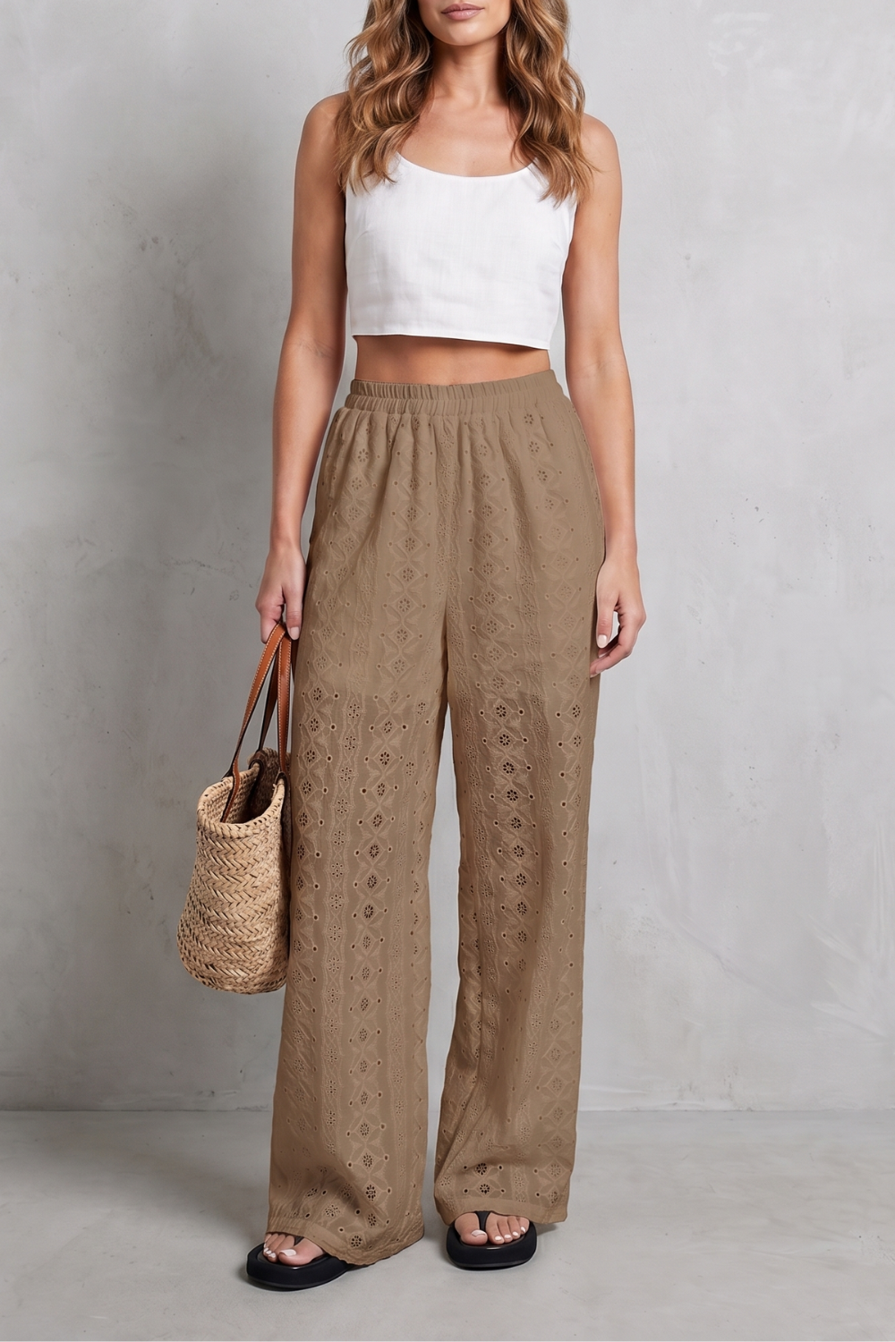Women's Eyelet Wide Leg Pants in White - Orlandine