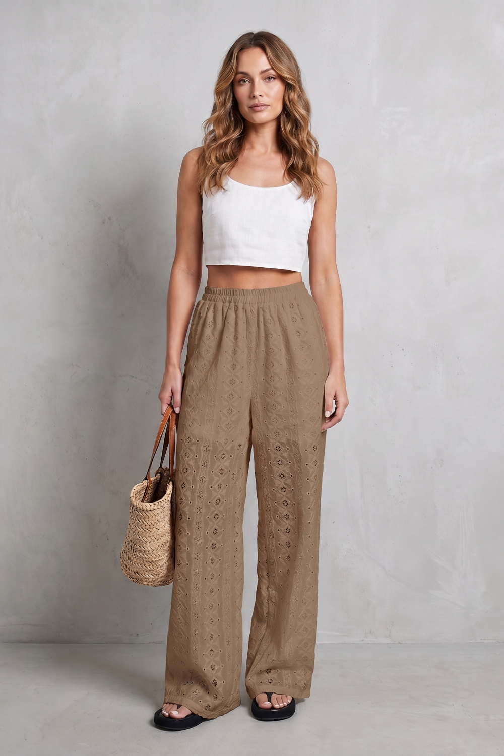Women's Eyelet Wide Leg Pants in White - Orlandine