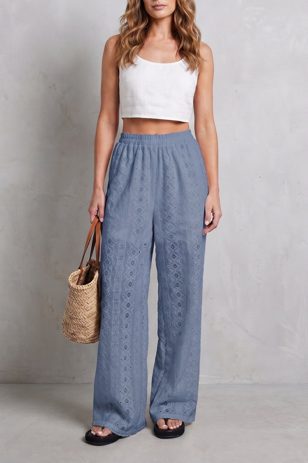 Women's Eyelet Wide Leg Pants in White - Orlandine