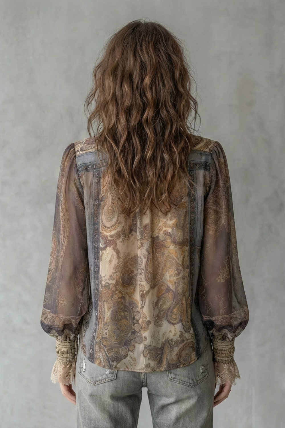 Women's Sheer Paisley Blouse with Lace Cuffs - Sorelline