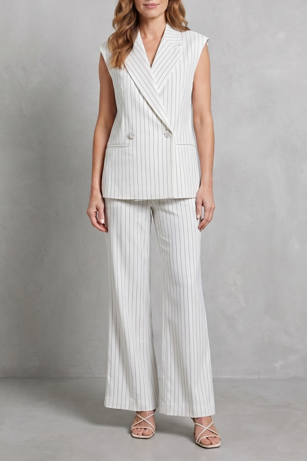 Women's pinstripe sleeveless vest and wide-leg pants suit set, front view