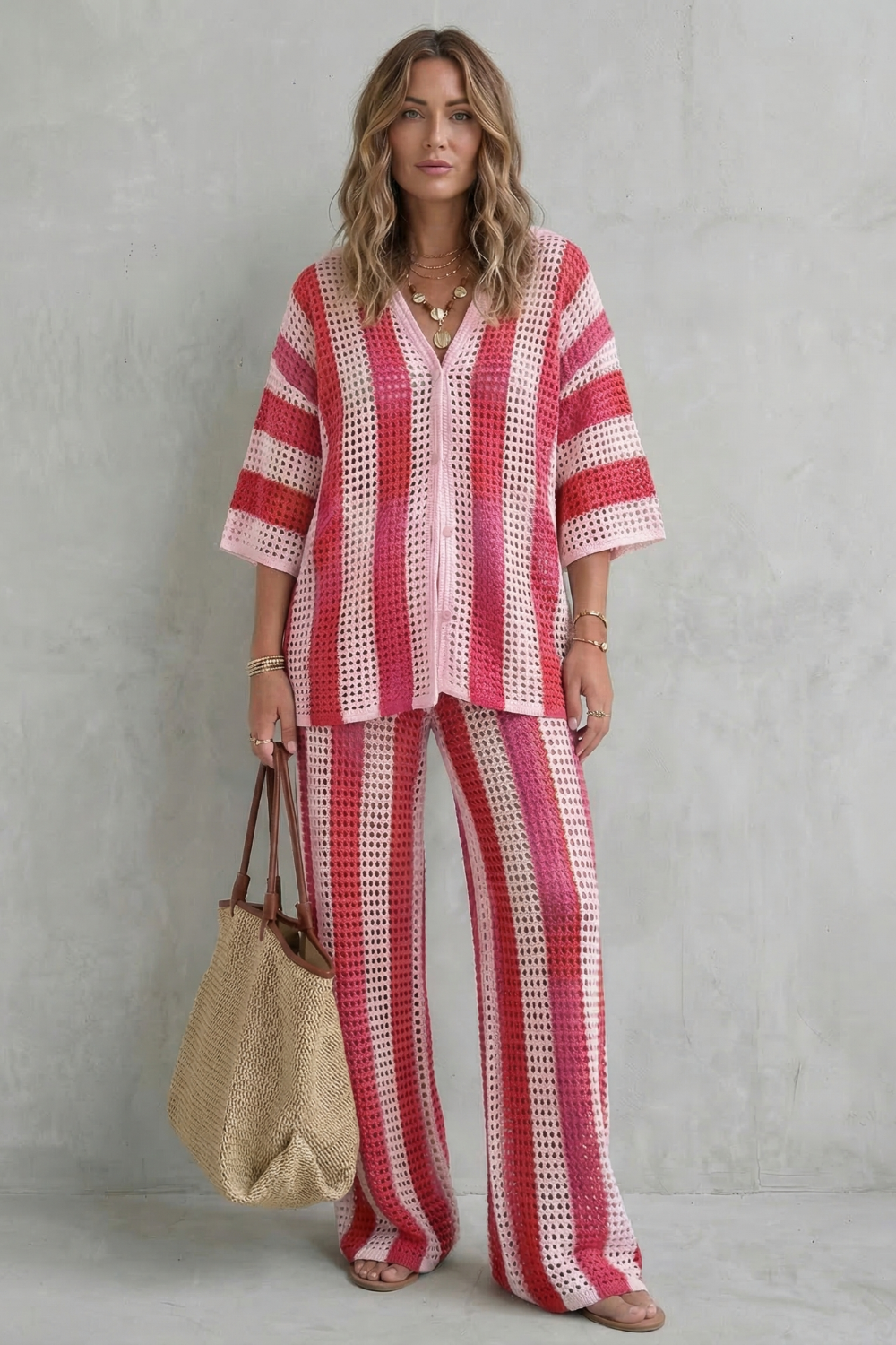 Khaki colorway of the striped knit shirt and pants co-ord, full-length view