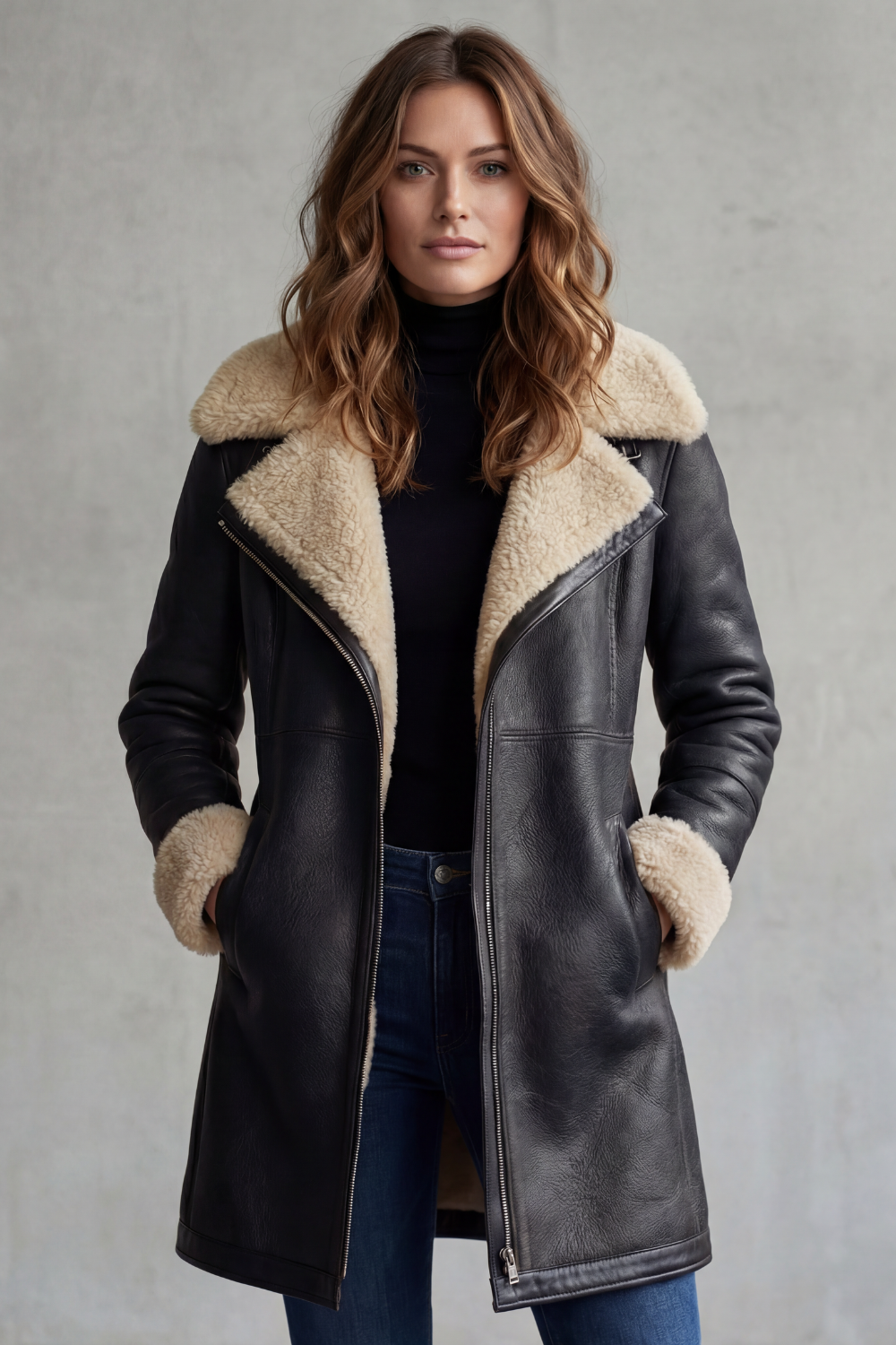 Women's Luxurious Shearling-Lined Leather Coat - Everlyn
