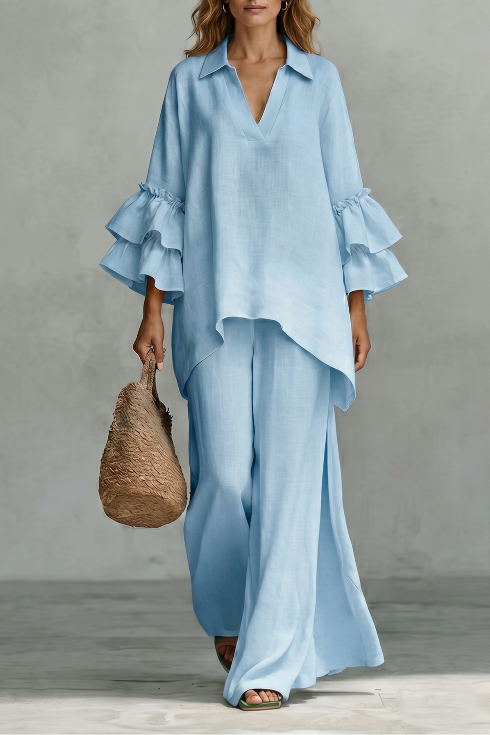 Crimson colorway of the ruffle-sleeve tunic top and wide-leg pants set