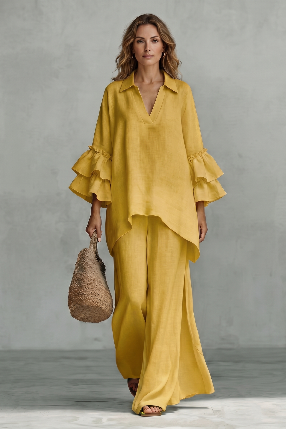 White colorway of the ruffle-sleeve tunic and wide-leg pants set, full-length view