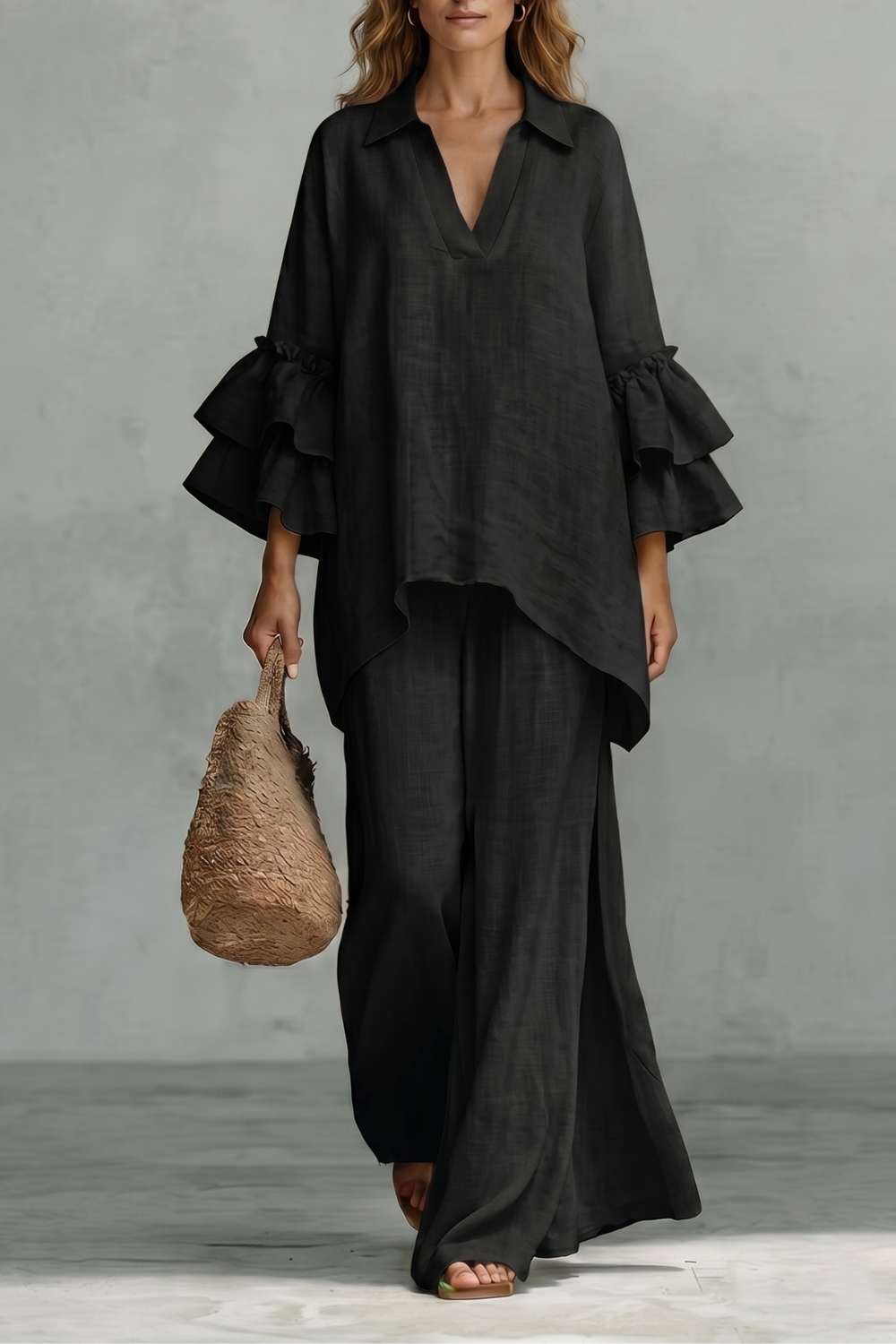 Black colorway of the ruffle-sleeve tunic top and wide-leg pants set