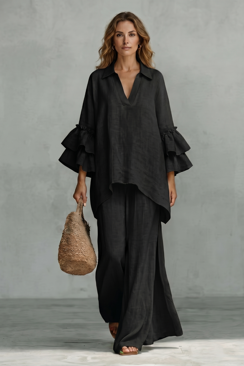 Khaki colorway of the tunic and wide-leg pants set, full-length view