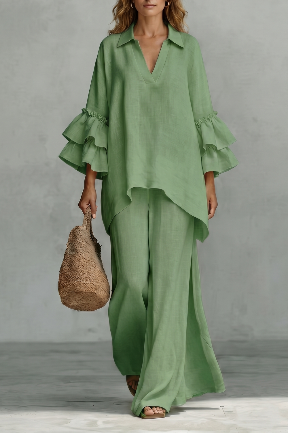 Yellow colorway of the ruffle-sleeve tunic top and wide-leg pants set