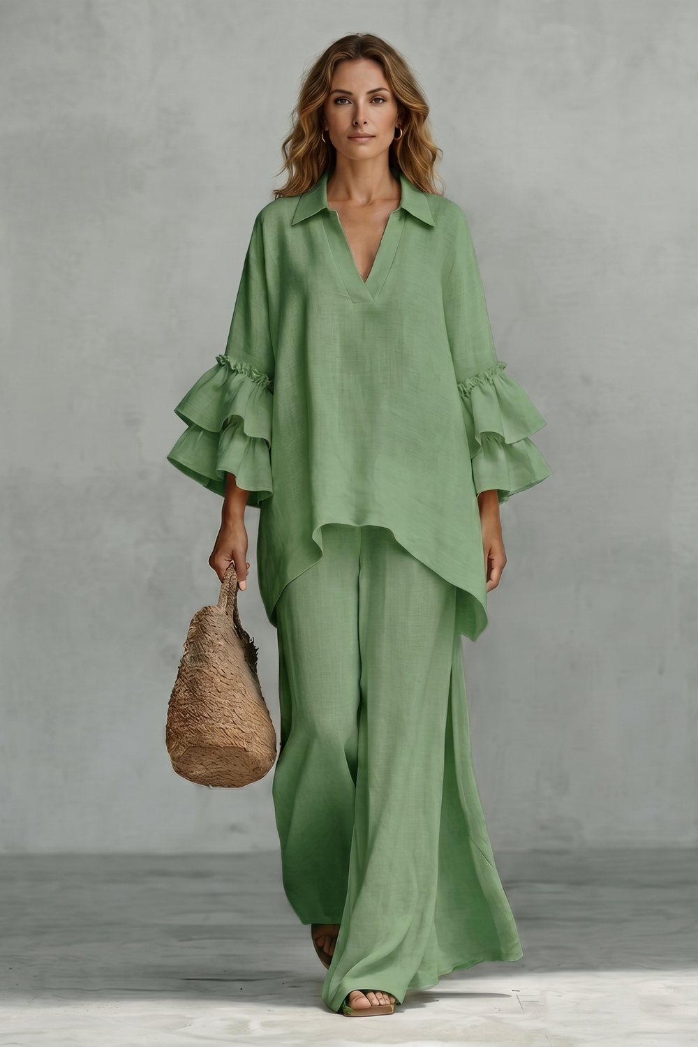 Green colorway of the tunic and wide-leg pants set, full-length view