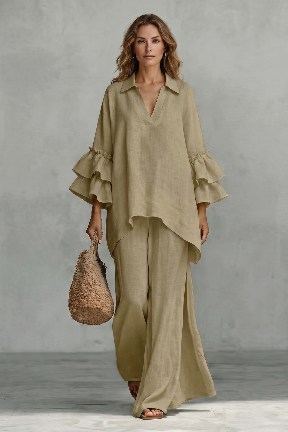 Blue colorway of the tunic and wide-leg pants set, full-length view
