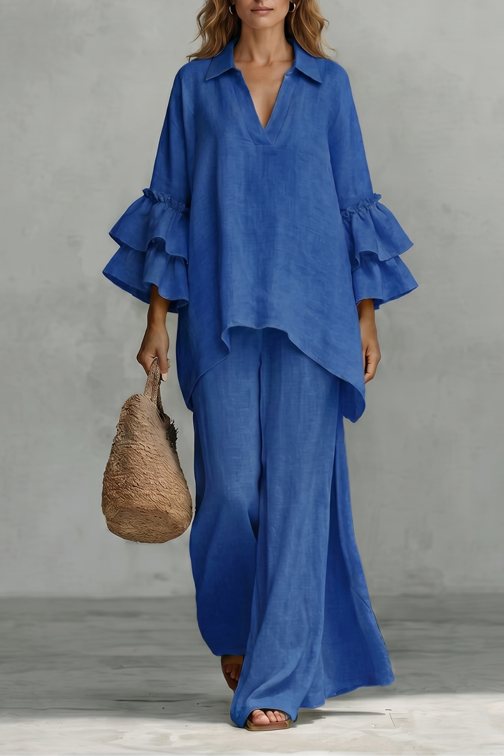 Evienne set styled with woven sandals and a straw tote for vacation