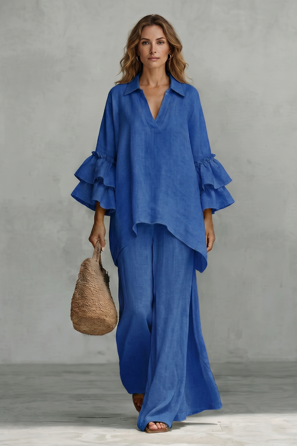 Three-quarter view showing the loose relaxed fit of the tunic top