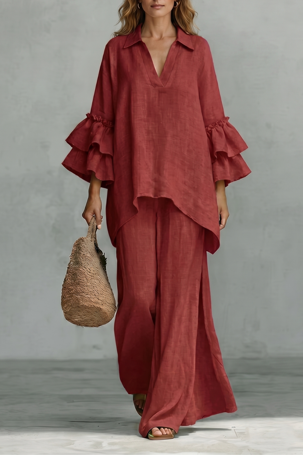 Model wearing size M in the ruffle-sleeve tunic and wide-leg pants set
