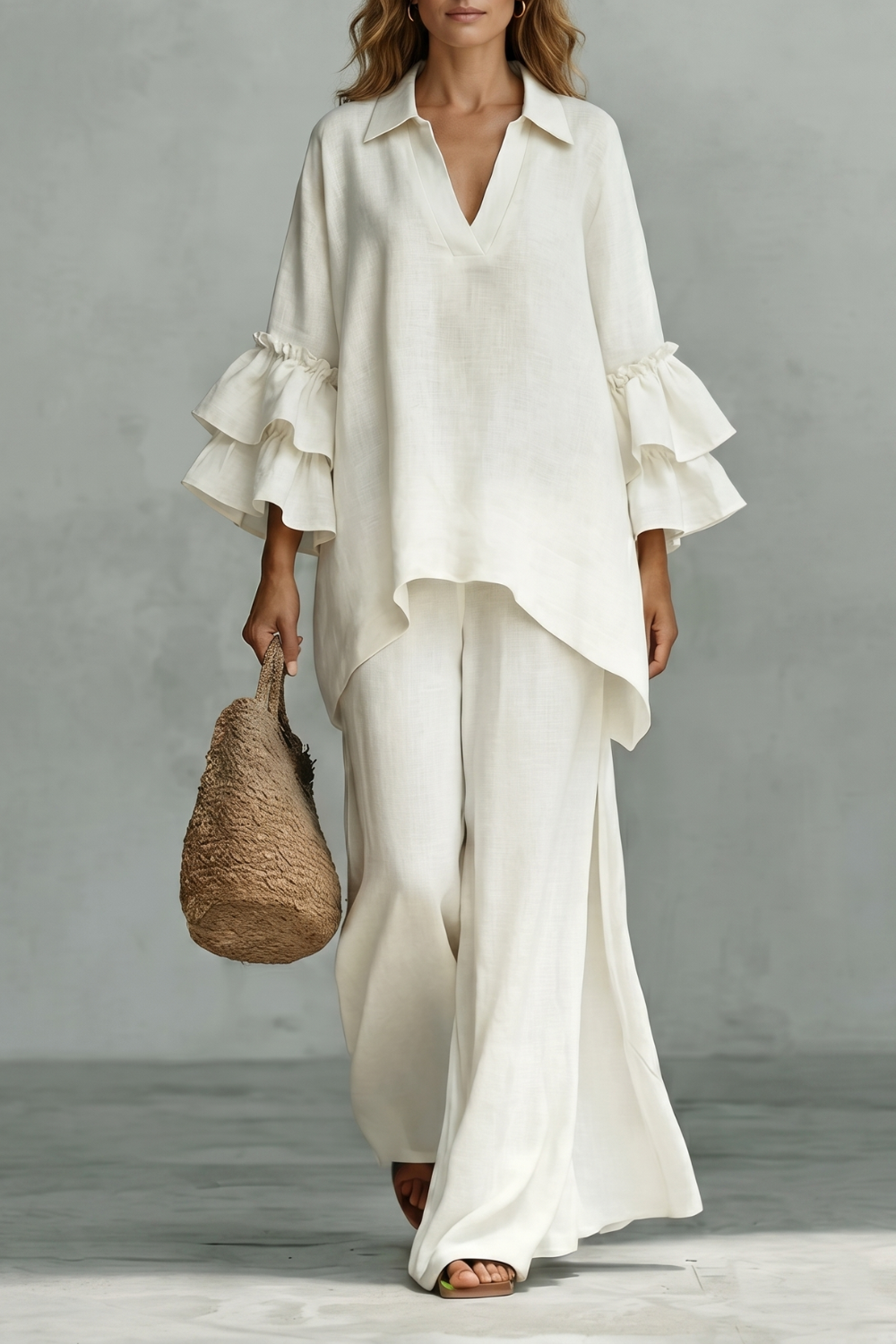 Women's ruffle-sleeve tunic top and wide-leg pants set, front view