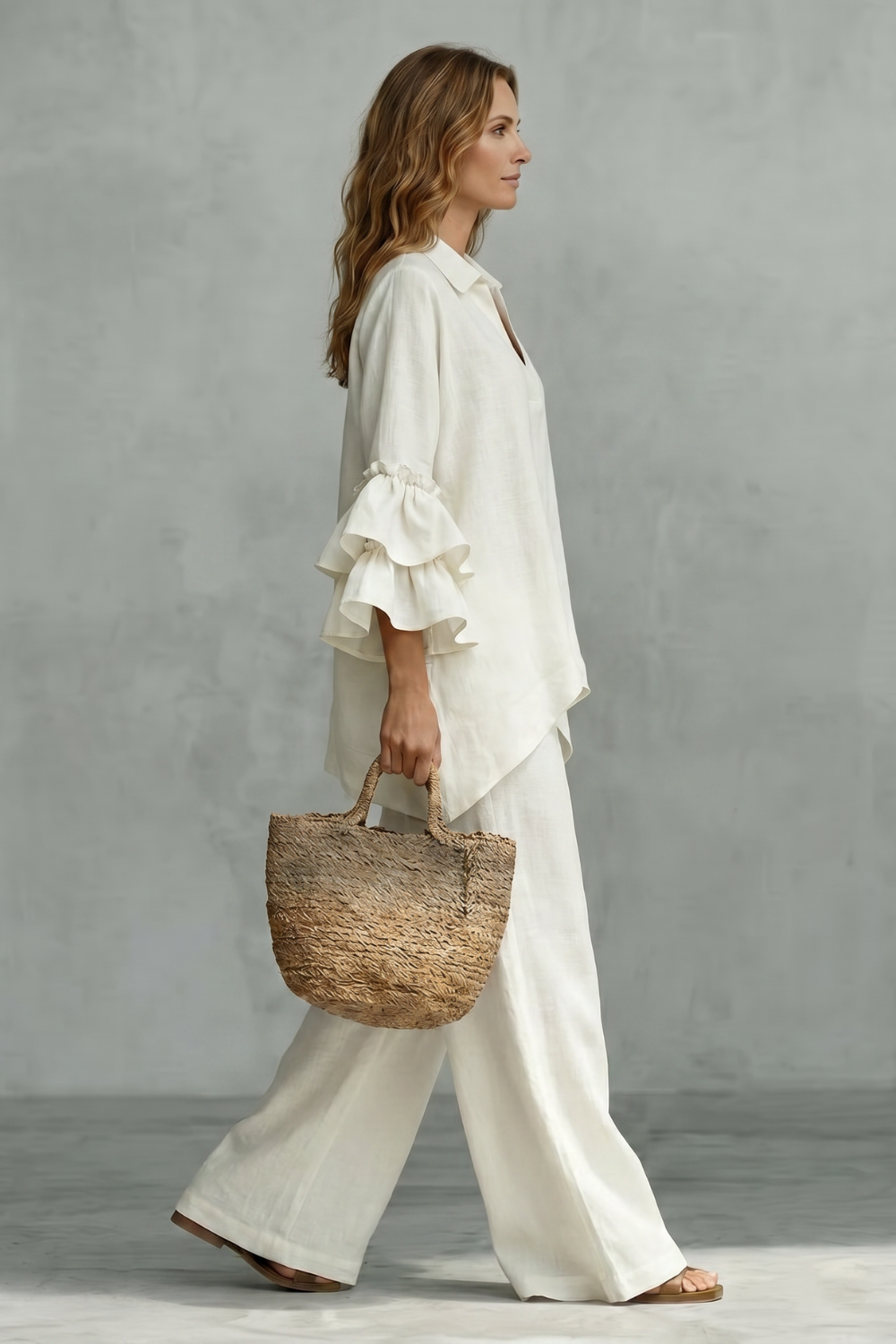Back view of the ruffle-sleeve tunic top and wide-leg pants set