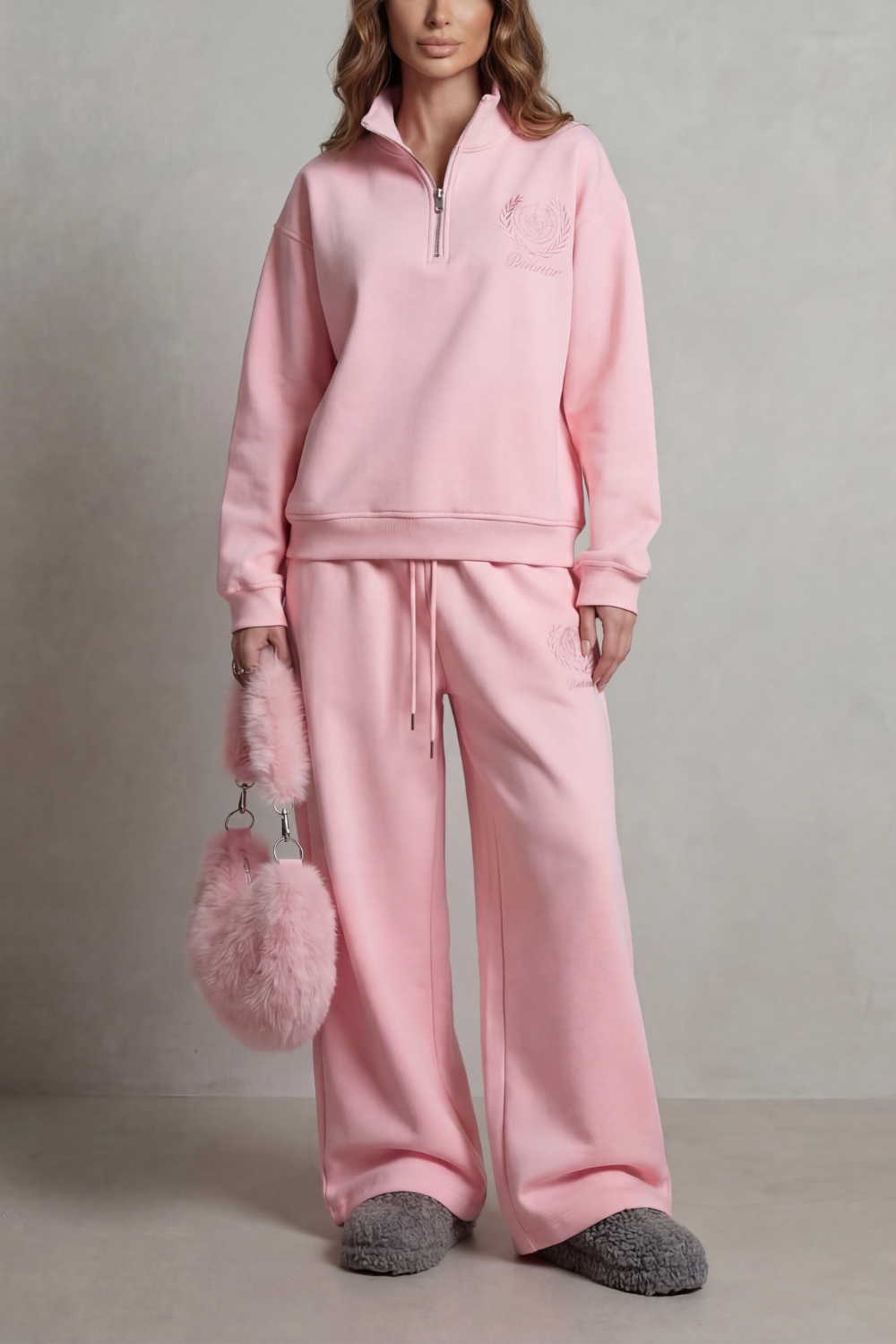 Women's embroidered half-zip sweatshirt and wide-leg pants lounge set, front view