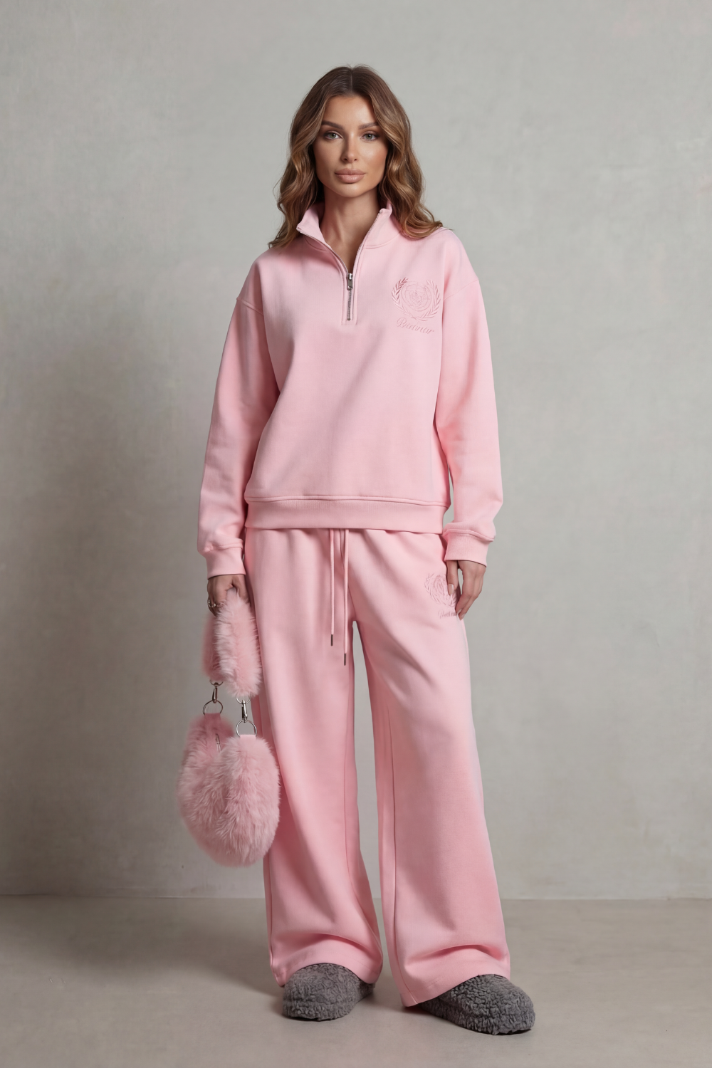 Side view of the half-zip sweatshirt and wide-leg pants lounge set