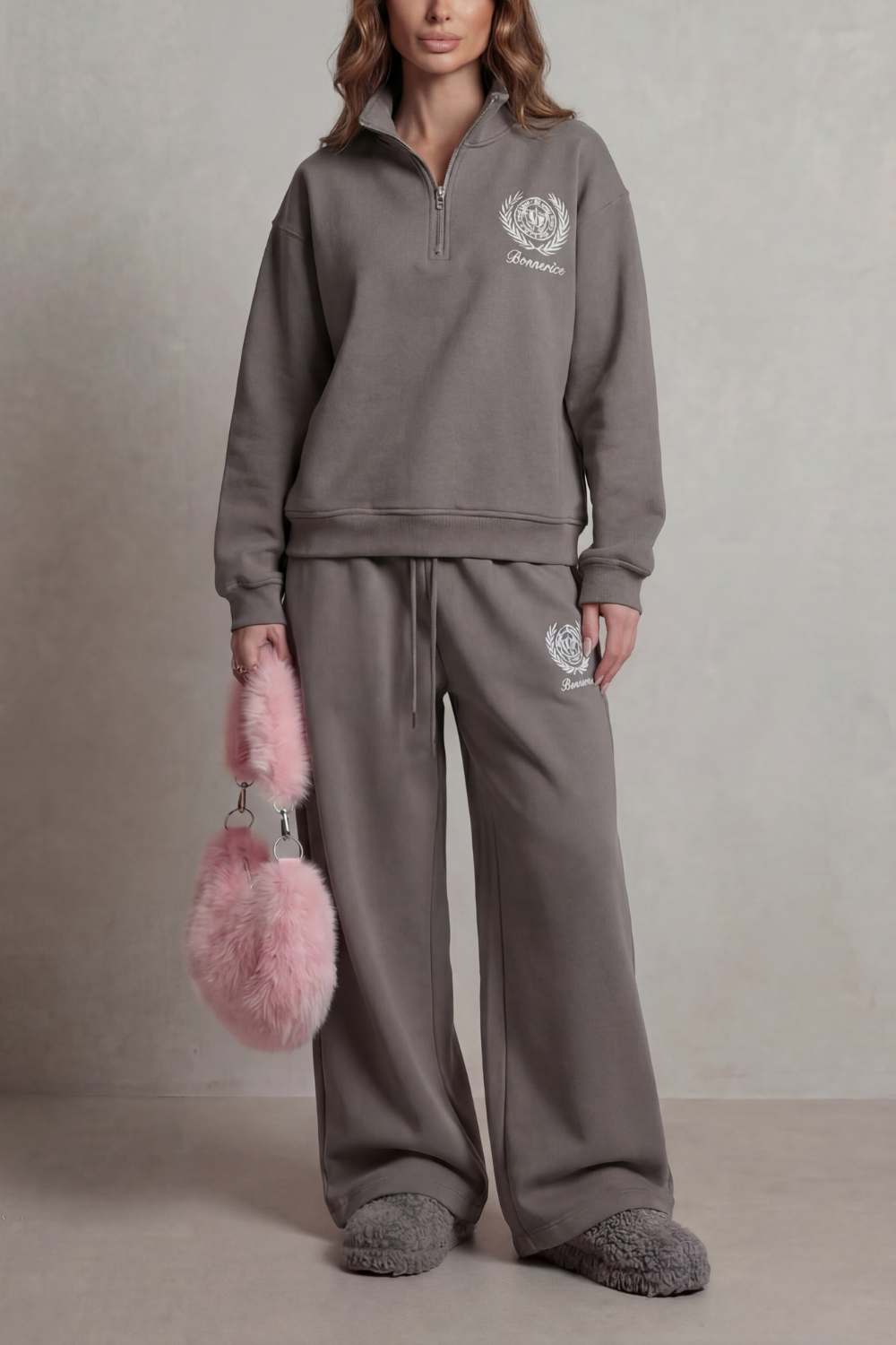 Pink colorway, full-length view of the half-zip lounge set