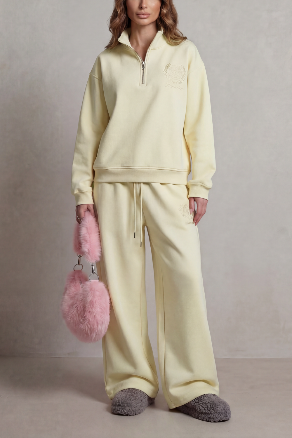 Light Blue colorway, full-length view of the embroidered lounge set