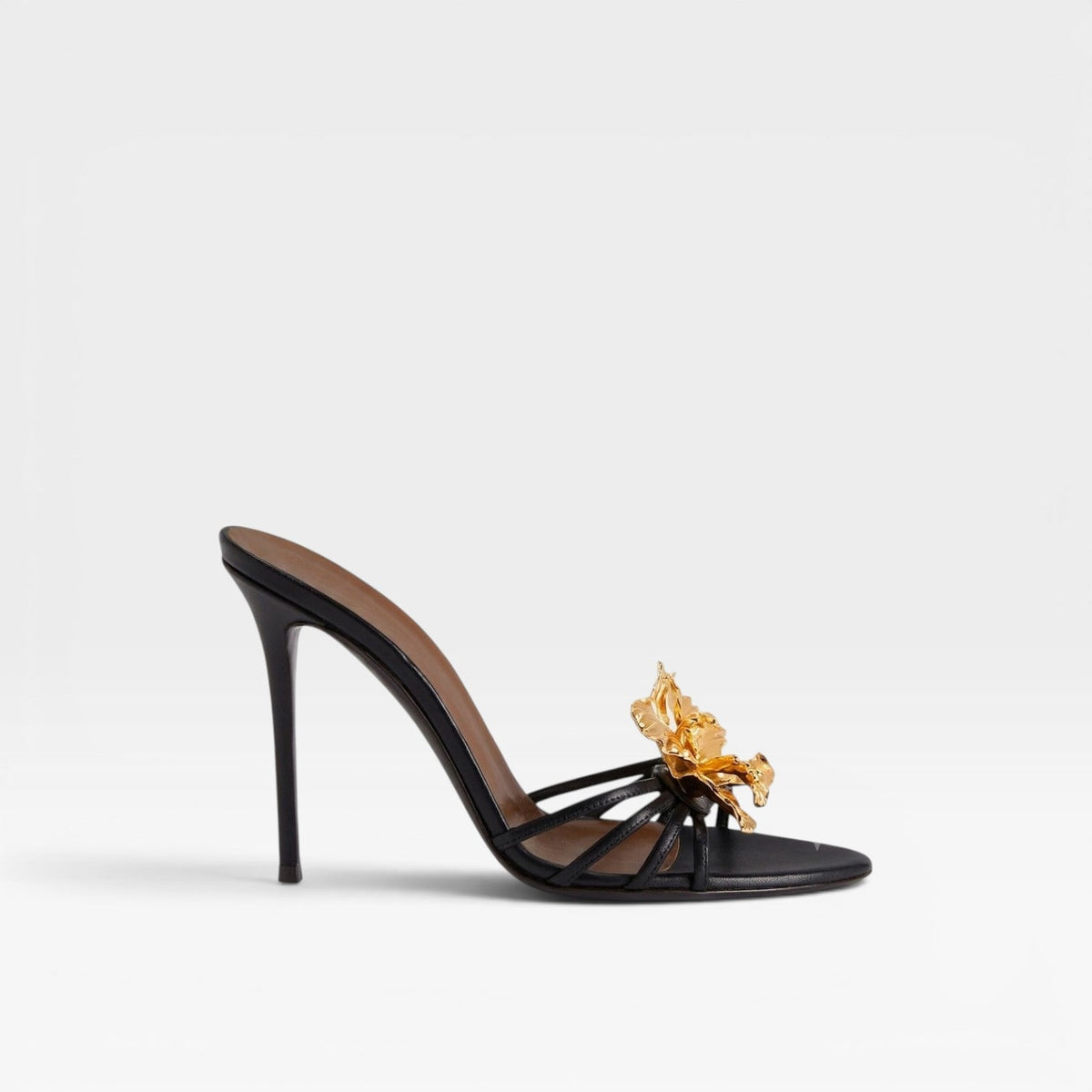 Women's Gold Flower Sculpted Stiletto Mules – Evening Heels | Elvington