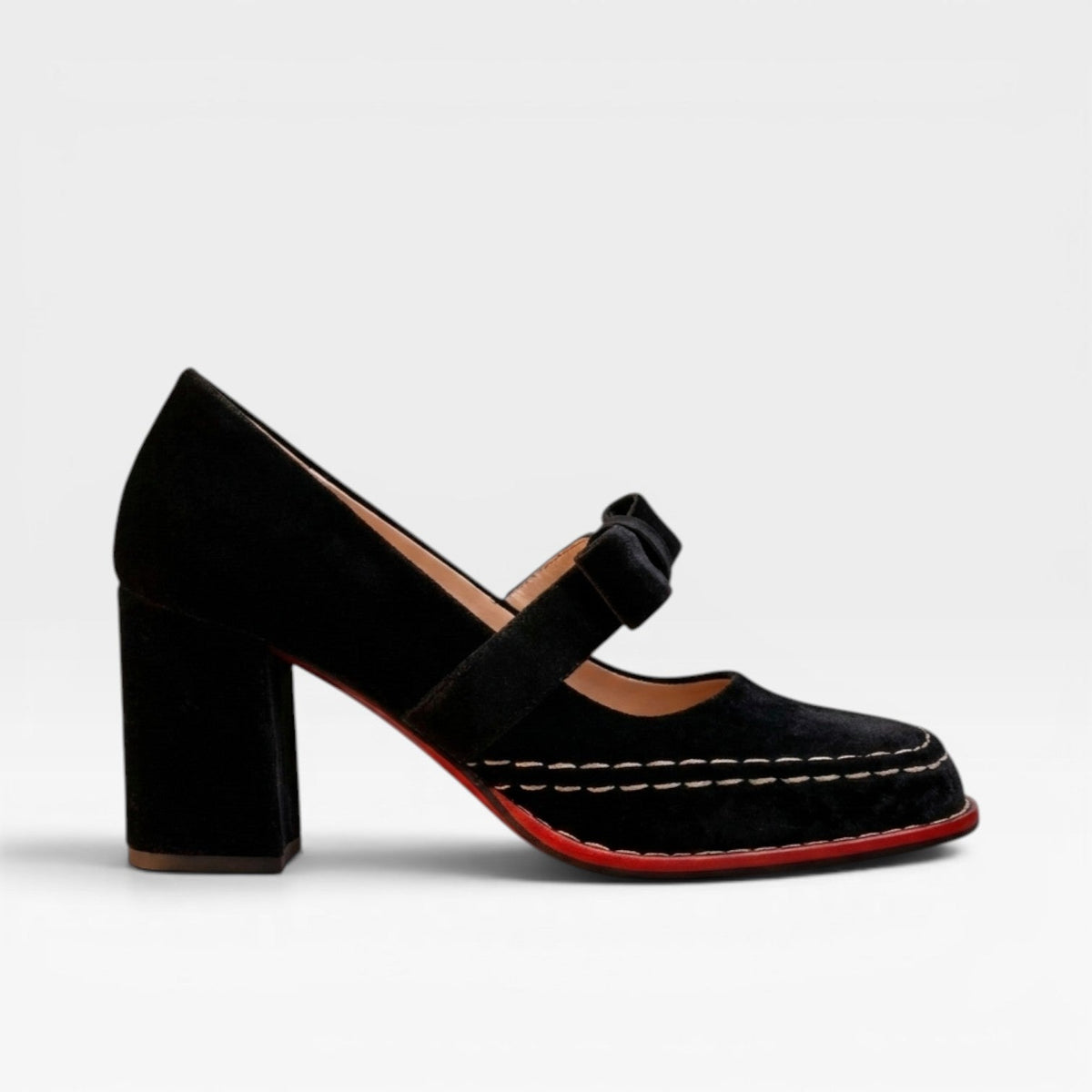 Women's Velvet Mary Jane Block Heel Pumps with Bow – Party Shoes | Garsington