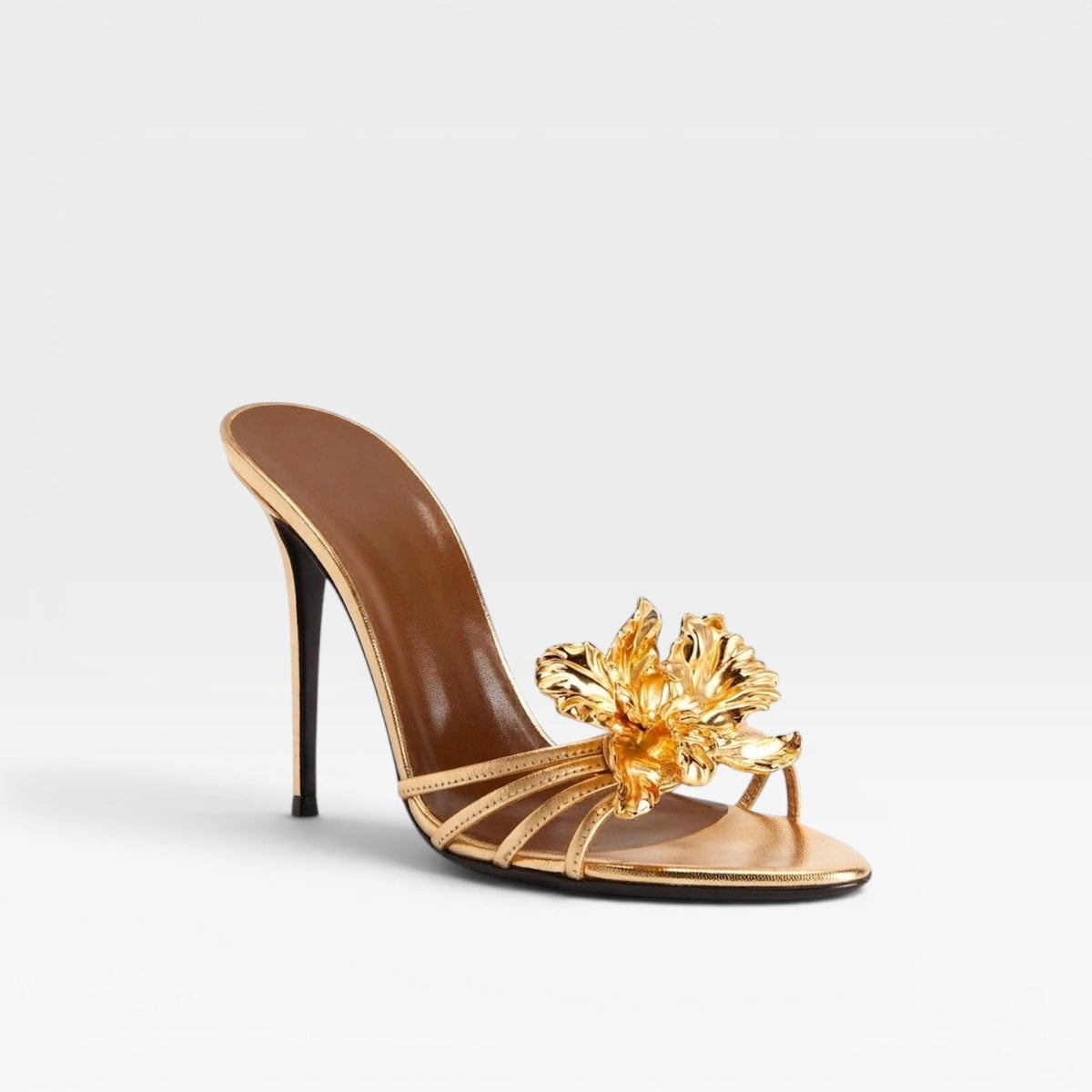 Women's Gold Flower Sculpted Stiletto Mules – Evening Heels | Elvington