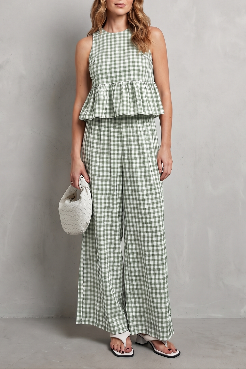 Light Green colorway, full-length view of the gingham pants set