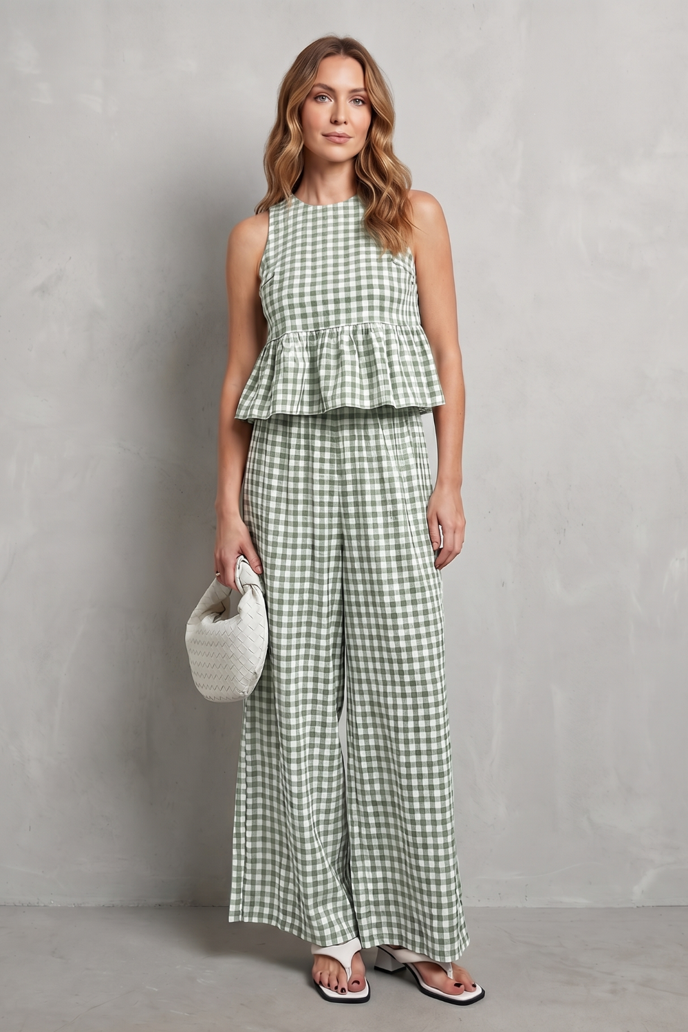Light Brown colorway of the gingham ruffle top and wide-leg pants
