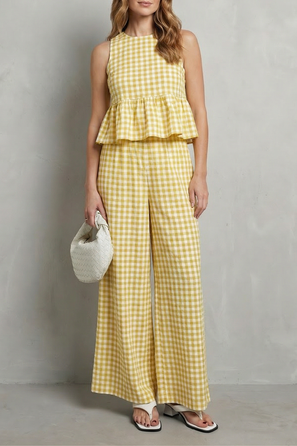 Black colorway, full-length view of the gingham wide-leg pants set