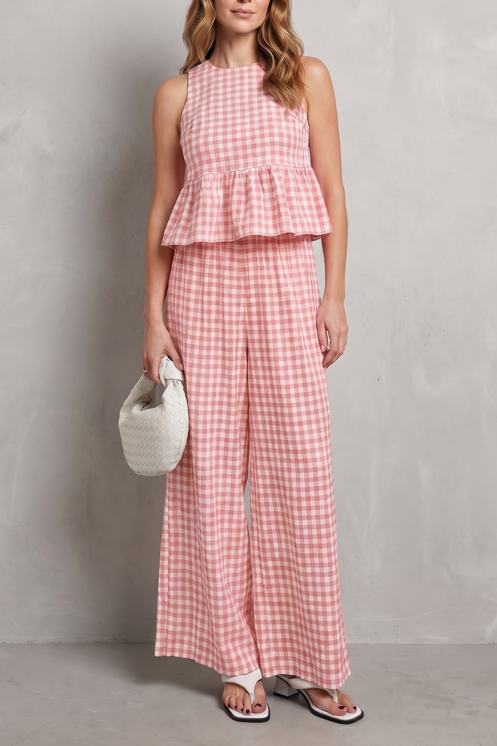 Three-quarter view of the gingham ruffle top and wide-leg pants set