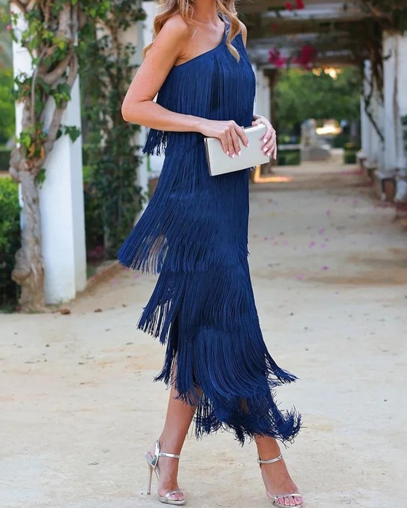 Women’s off shoulder fringe dress with flowing tassel details