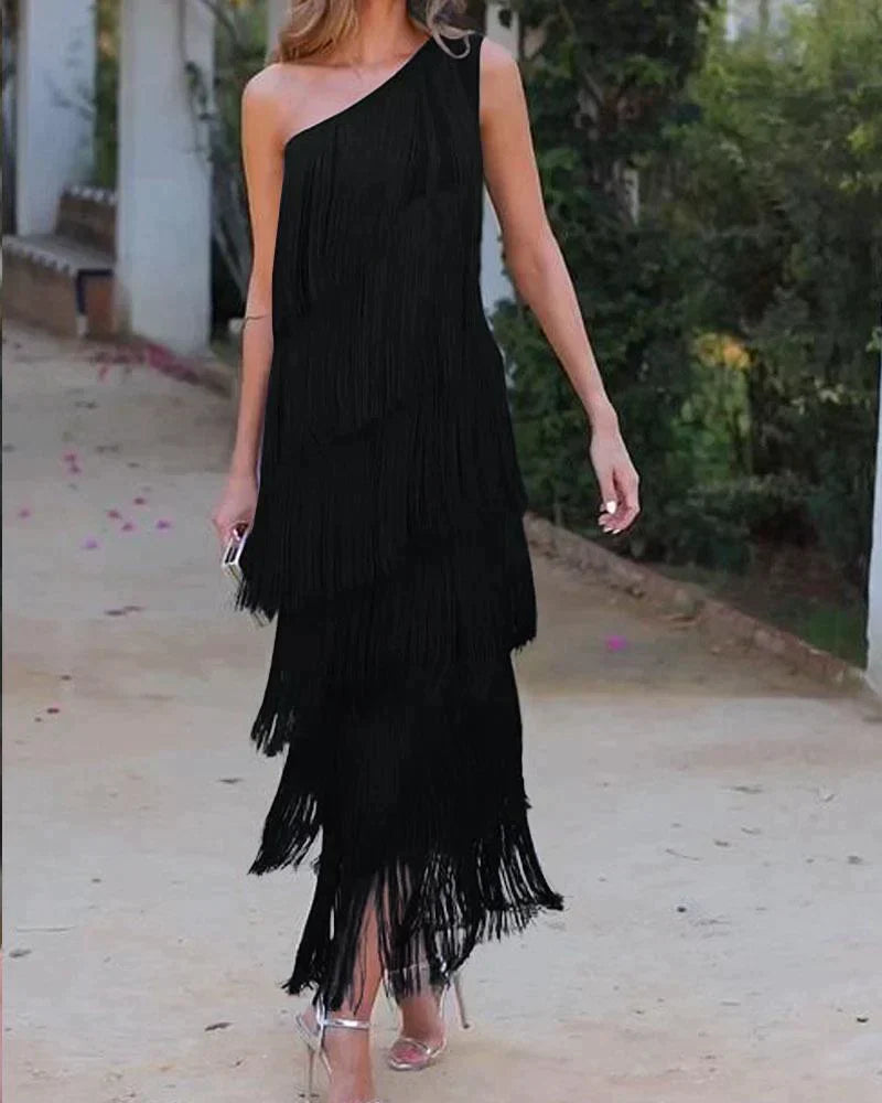 Women’s off shoulder fringe dress with flowing tassel details