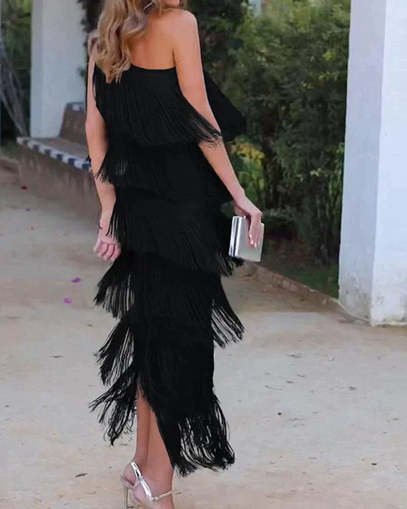 Women’s off shoulder fringe dress with flowing tassel details