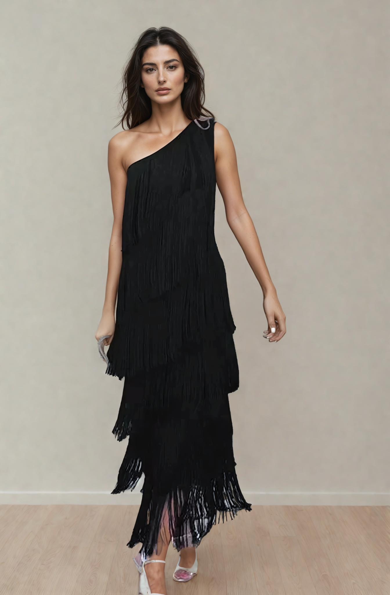 Women’s off shoulder fringe dress with flowing tassel details