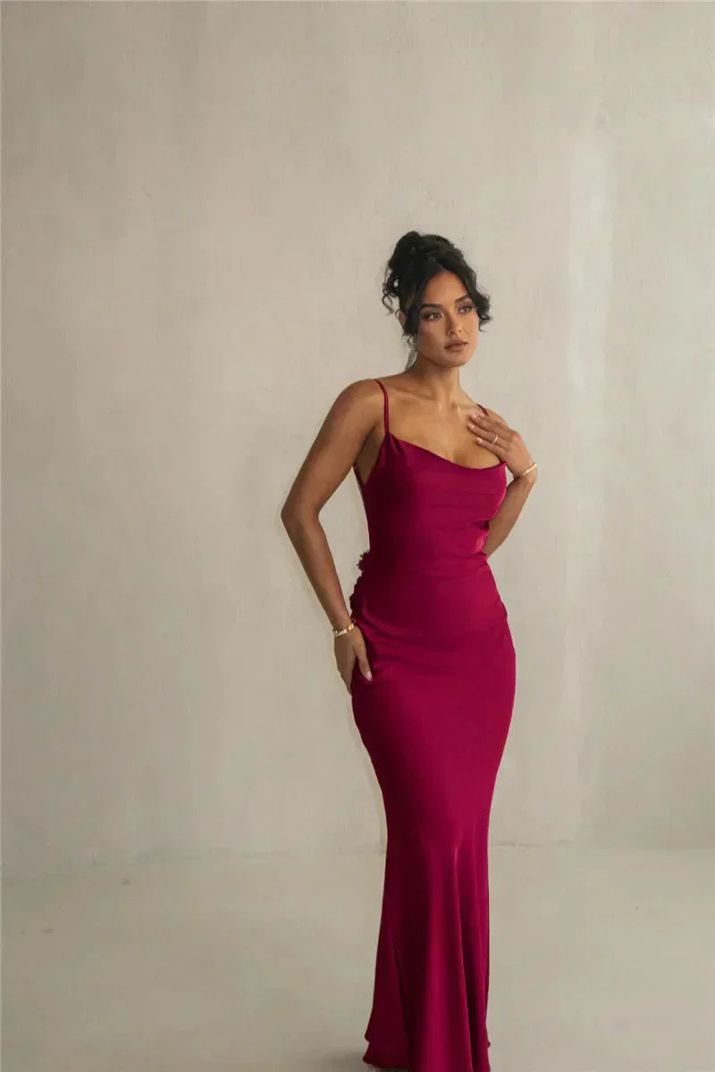 Women’s satin maxi dress with floral patchwork and flowing silhouette