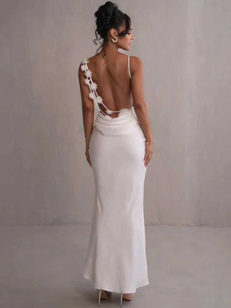Women’s satin maxi dress with floral patchwork and flowing silhouette