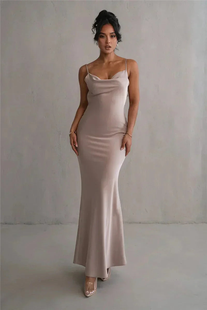 Women’s satin maxi dress with floral patchwork and flowing silhouette