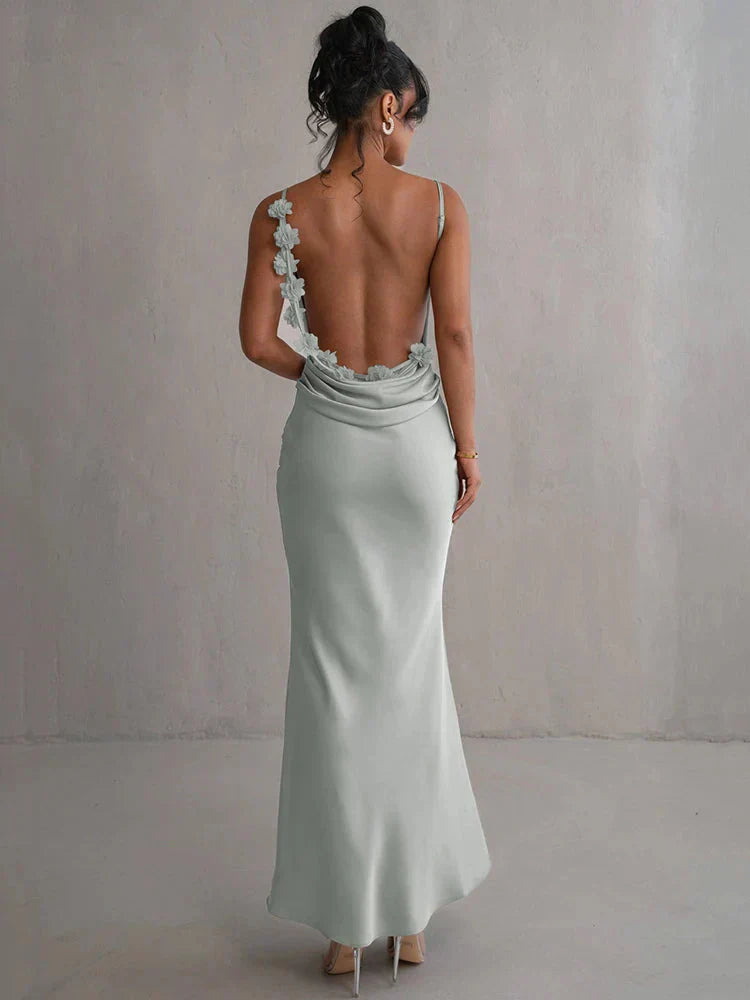 Women’s satin maxi dress with floral patchwork and flowing silhouette