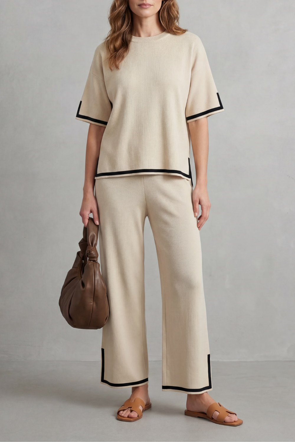 Women's contrast-trim rib-knit top and wide-leg pants lounge set, front view