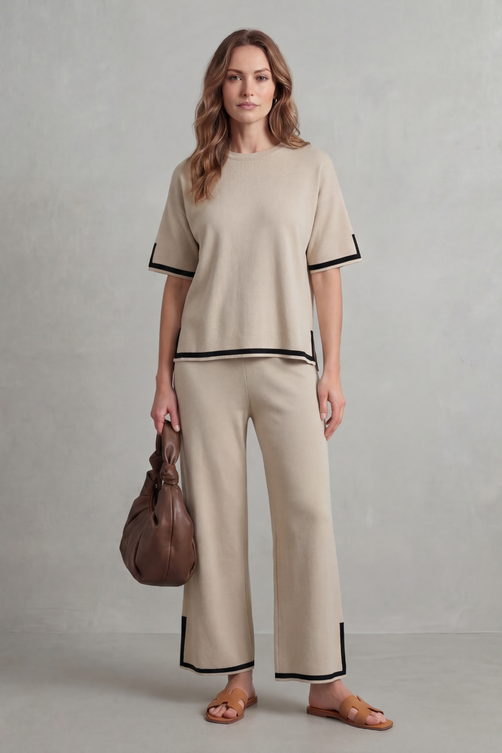 Khaki colorway of the contrast-trim rib-knit top and wide-leg pants set