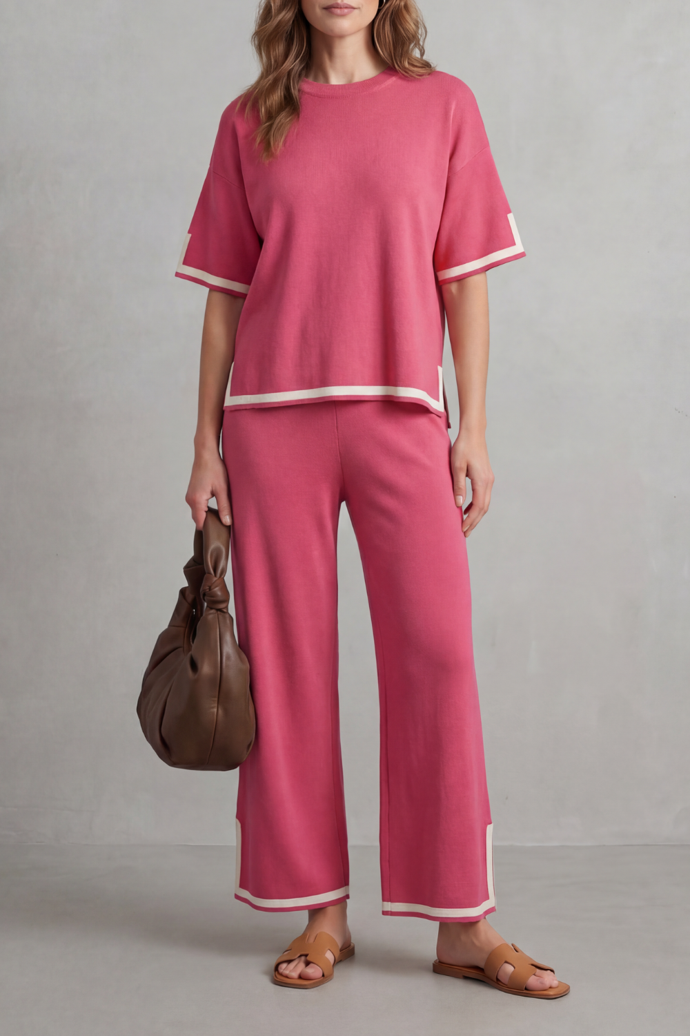 Pink colorway of the rib-knit lounge set, full-length view