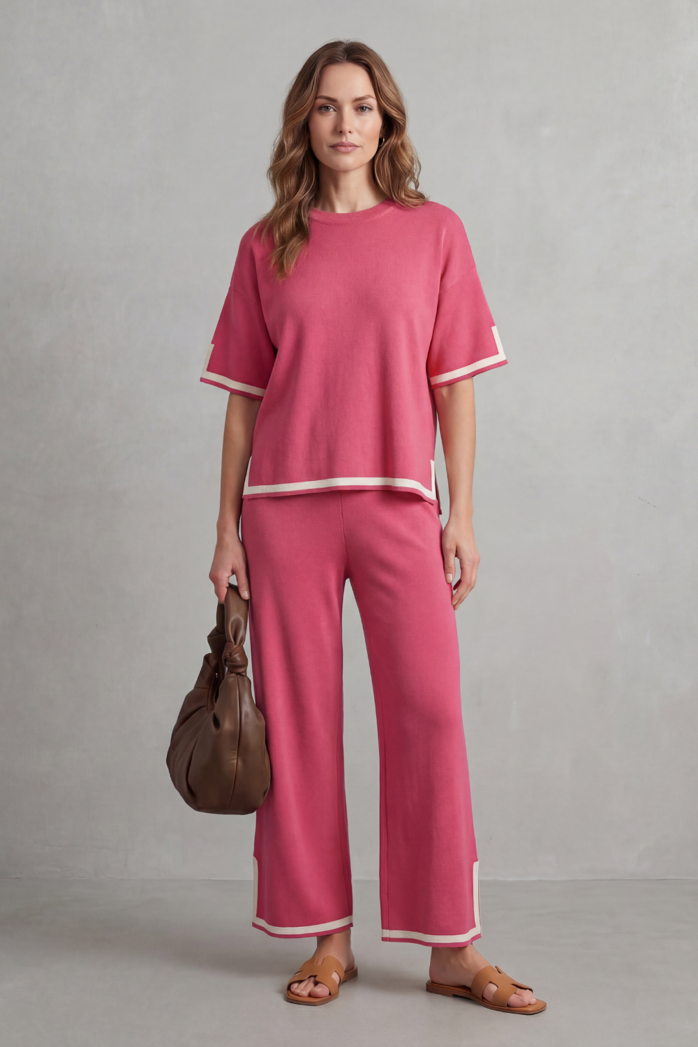 Purple colorway of the contrast-trim rib-knit top and wide-leg pants set