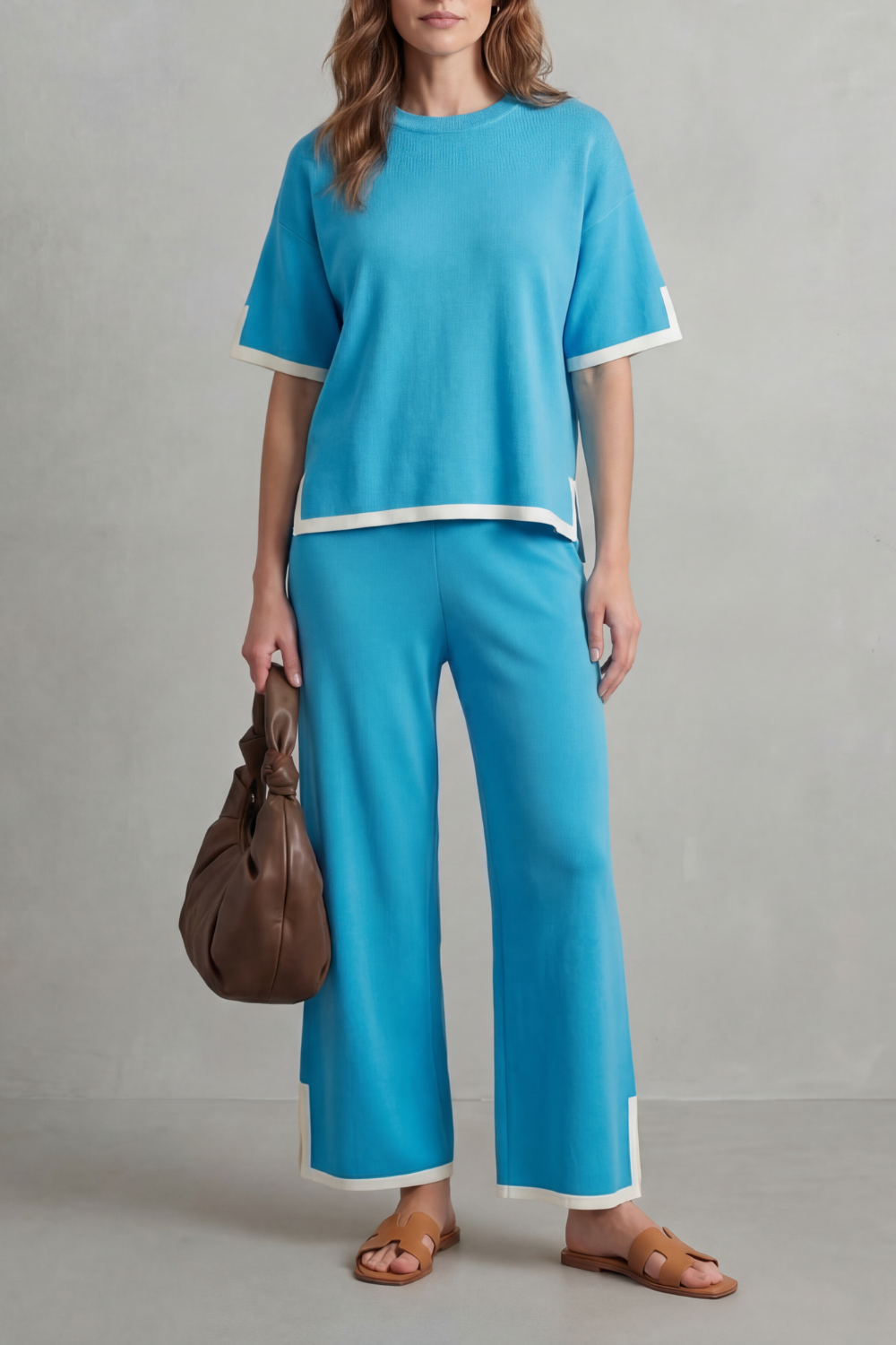 Jeah set styled with gold hoops and loafers for a casual chic look