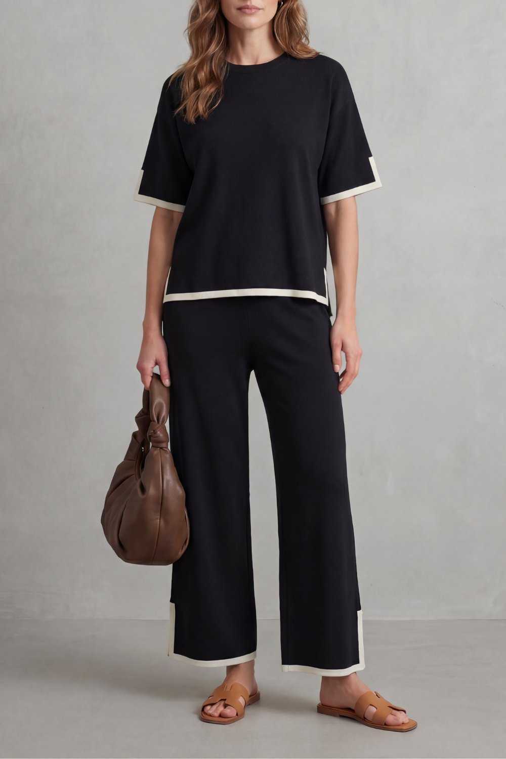 Close-up of the dropped shoulder seam on the relaxed-fit top