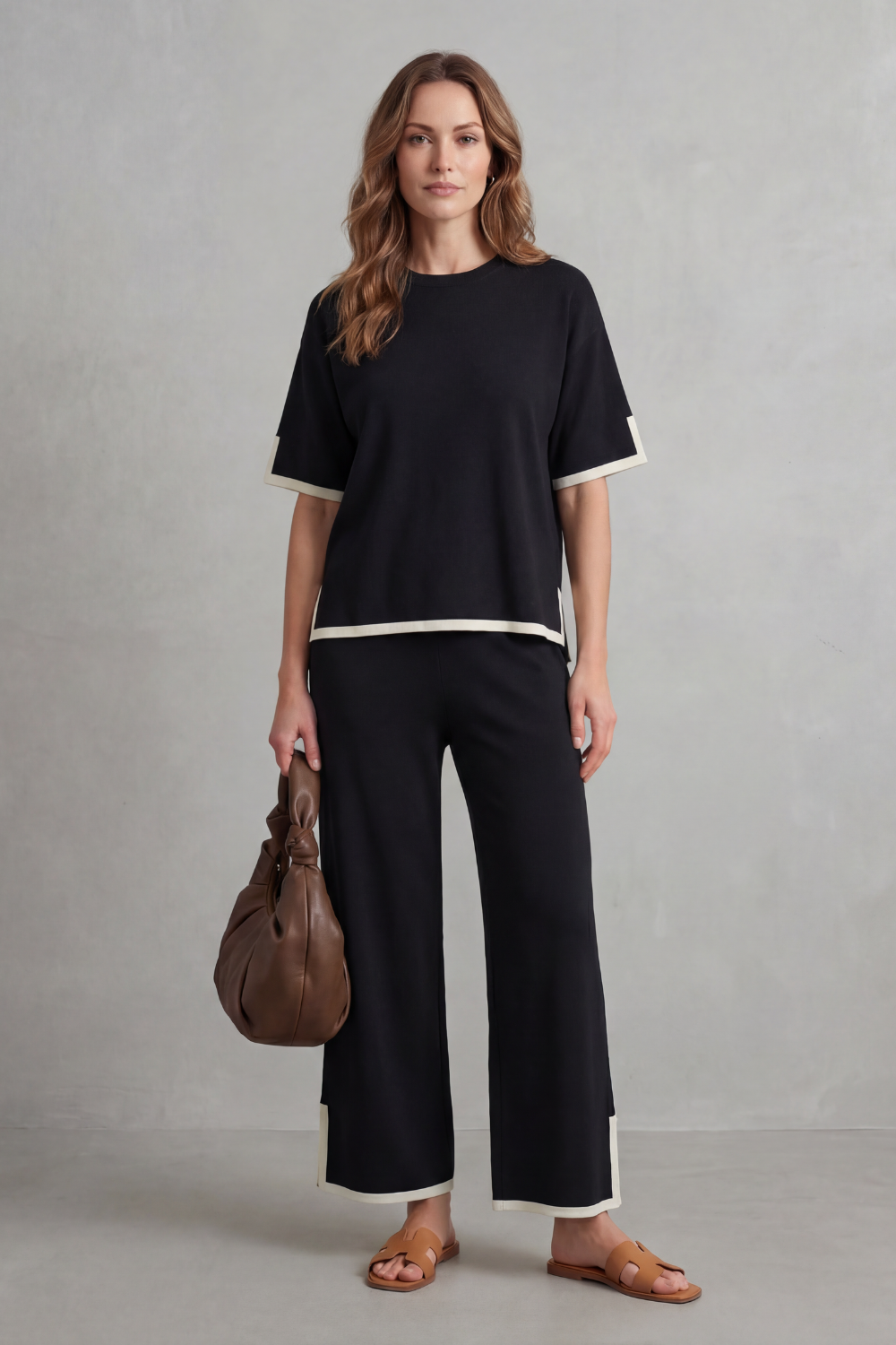 Close-up of the side slit detail on the rib-knit lounge top